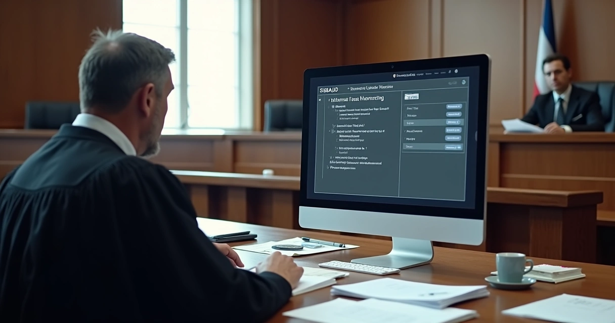 Juiz digitando em computador com tela mostrando sistema SISBAJUD e documentação de processo judicial. 