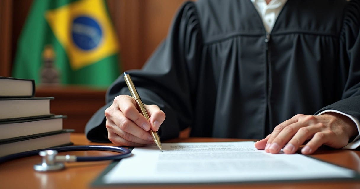 Juiz assinando liminar de medicamento em mesa de tribunal 