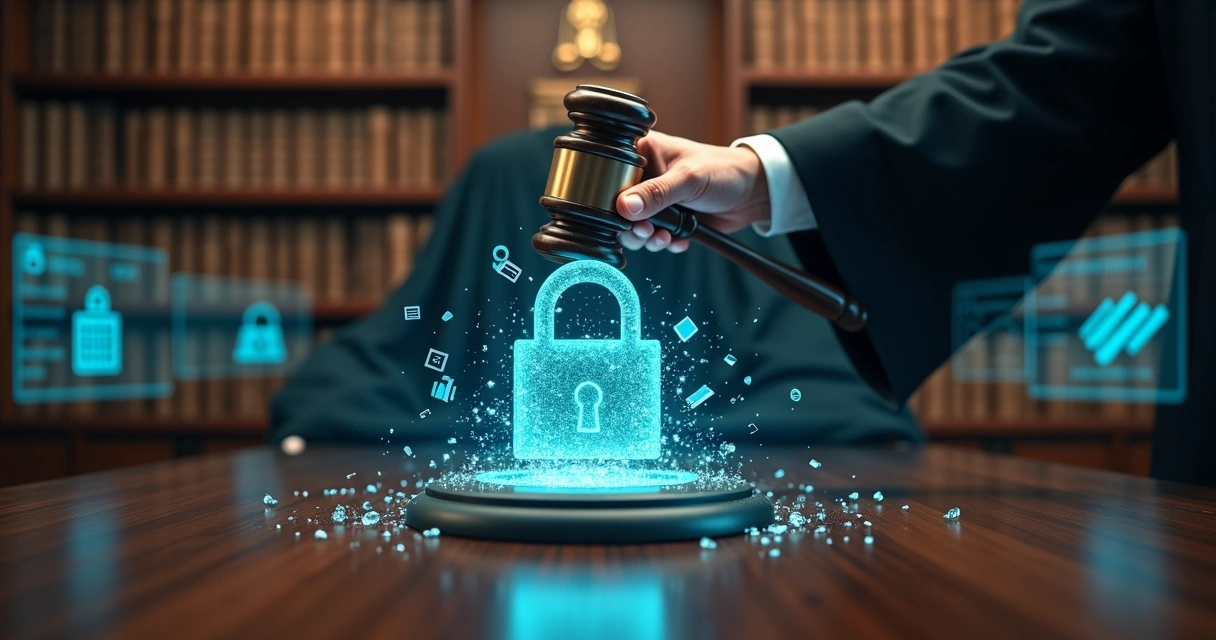 Juiz segurando martelo com cadeado digital se desfazendo em cartão bancário 
