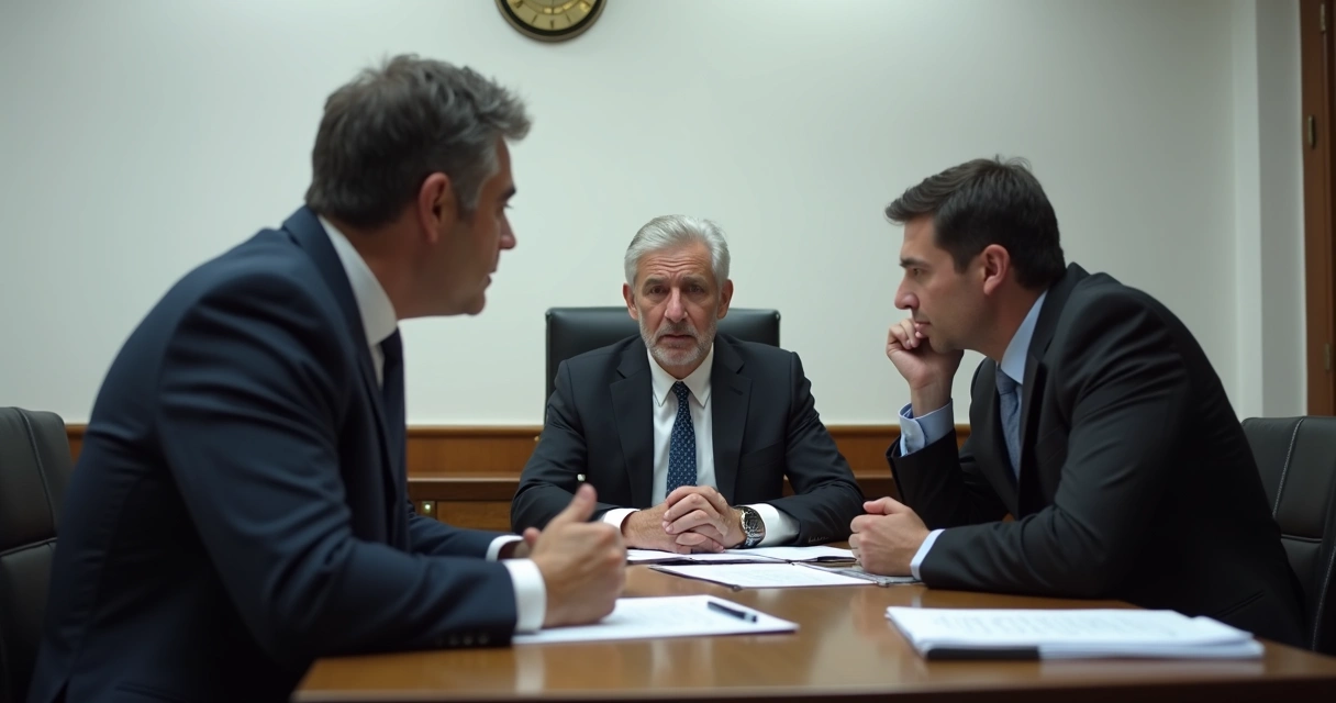 Juiz dialogando com advogado e parte sobre benefício judicial 