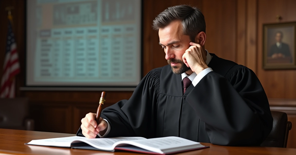 Juiz decidindo dosimetria da pena no tribunal 