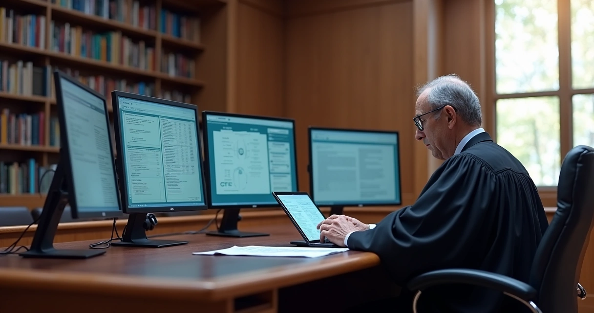Juiz analisando processos digitais na mesa do tribunal 