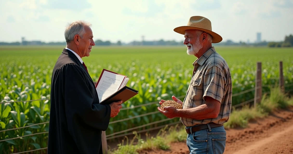 Juiz e produtor idoso observam lavoura de soja em propriedade rural 