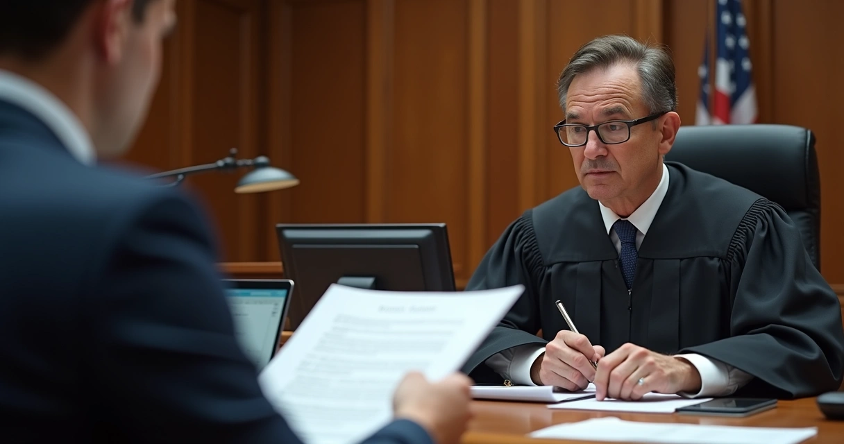 Juiz analisando processo judicial com atenção 