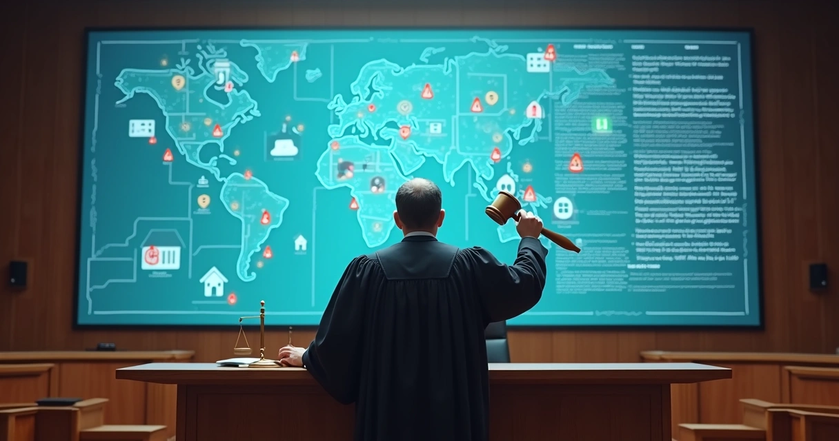 Juiz segurando martelo diante de painel digital com ícones de imóveis de temporada 