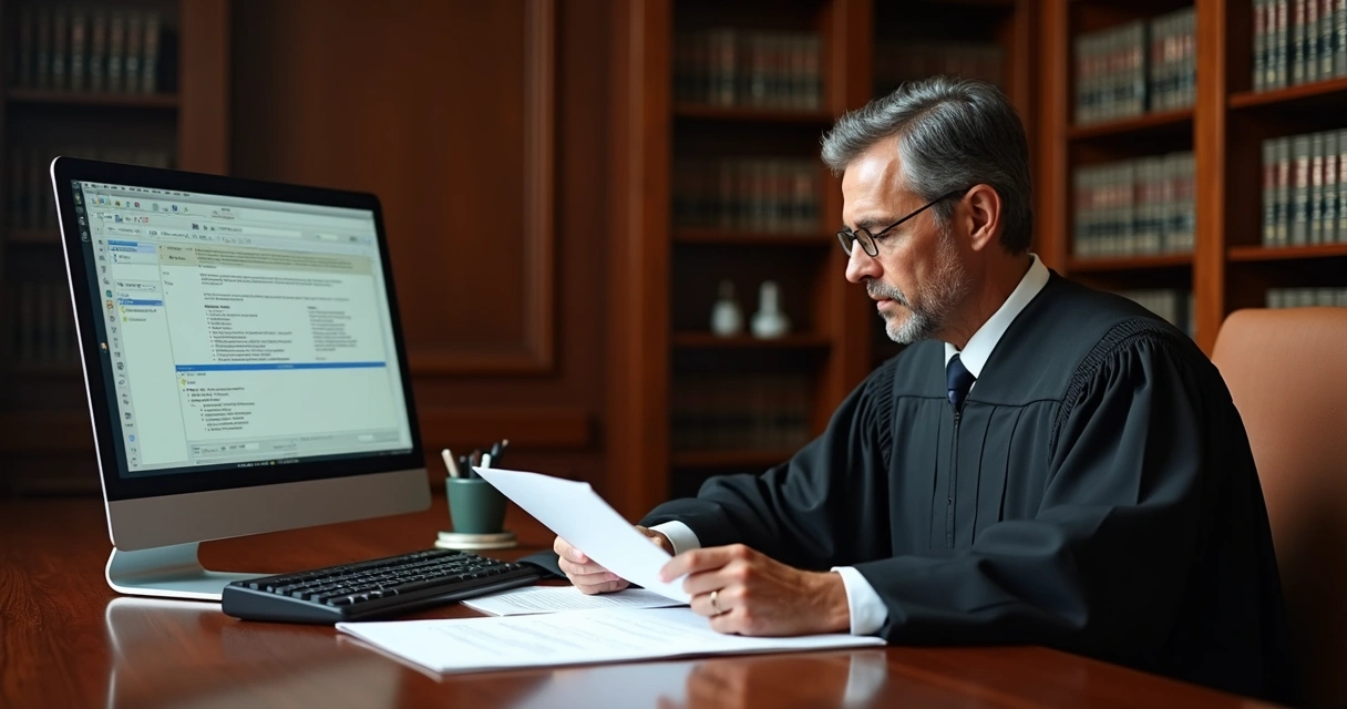 Juiz do trabalho analisando processo com documentos 