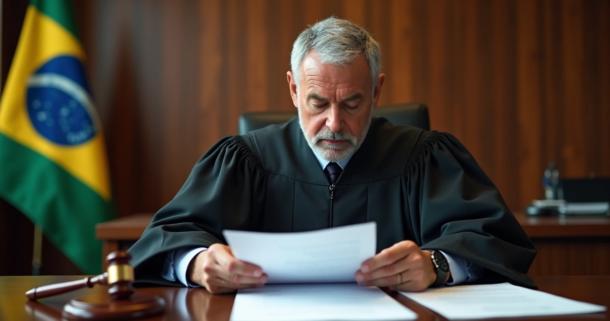 Juiz analisando contrato de aluguel em tribunal