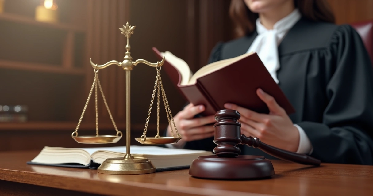 Juiz examinando um código civil com balança e martelo no tribunal 