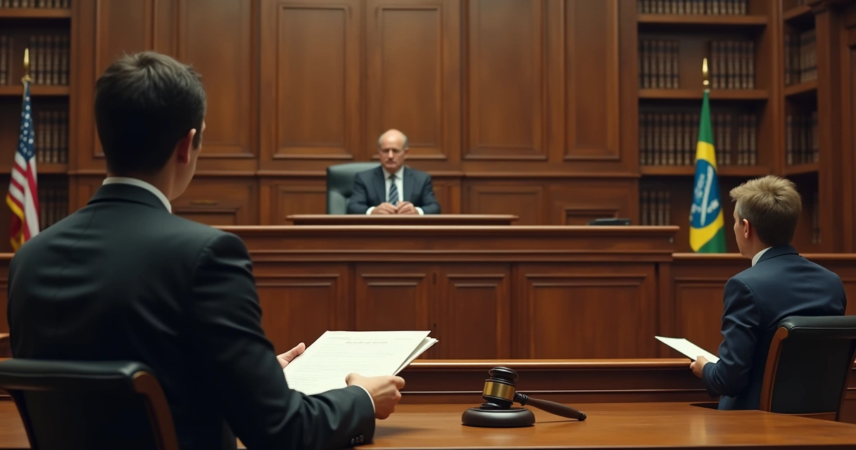 Juiz em tribunal com advogado e representante de empresa