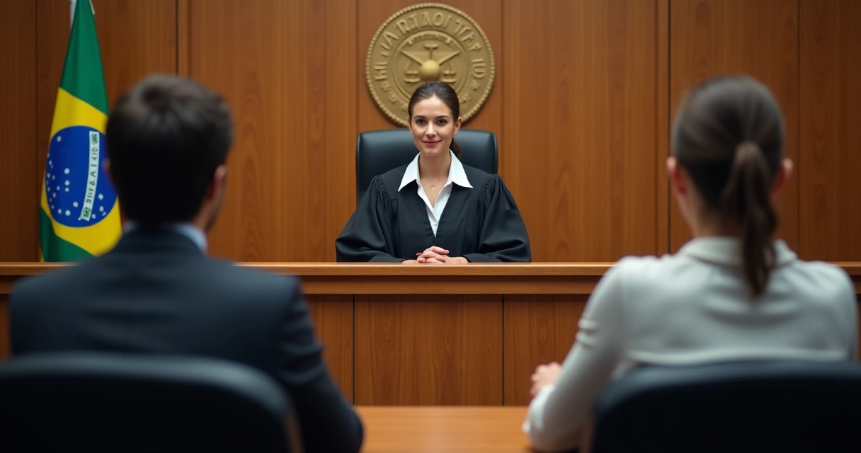 Juíza ouvindo partes durante audiência em tribunal