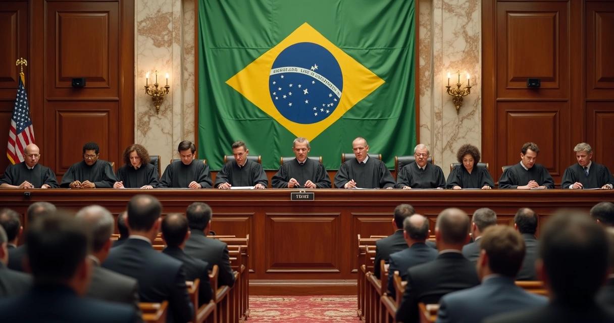 Sala de audiência de tribunal com ministros do Supremo em debate