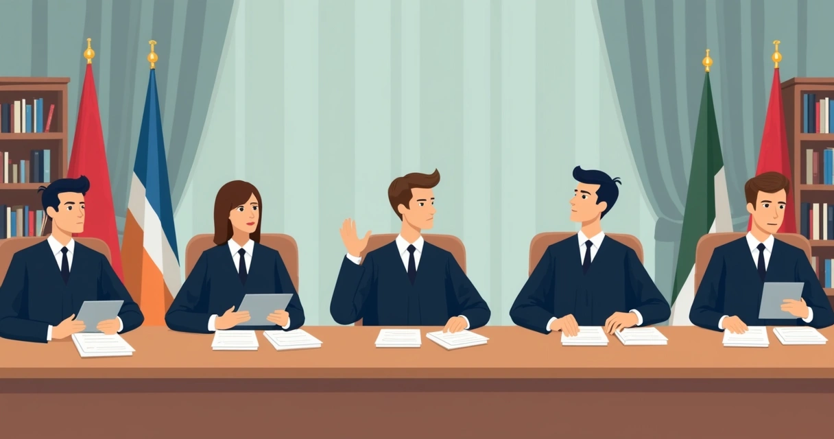 Juízes em discussão em tribunal, mesa central com tablets e papéis 