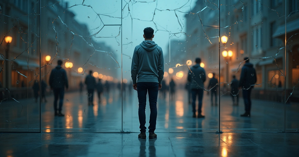 Pessoa observando reflexo fragmentado em vidro simbolizando julgamento social 