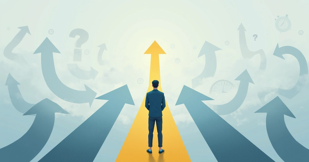 Pessoa olhando para várias setas apontando em direções diferentes, representando escolhas e julgamentos diferentes.