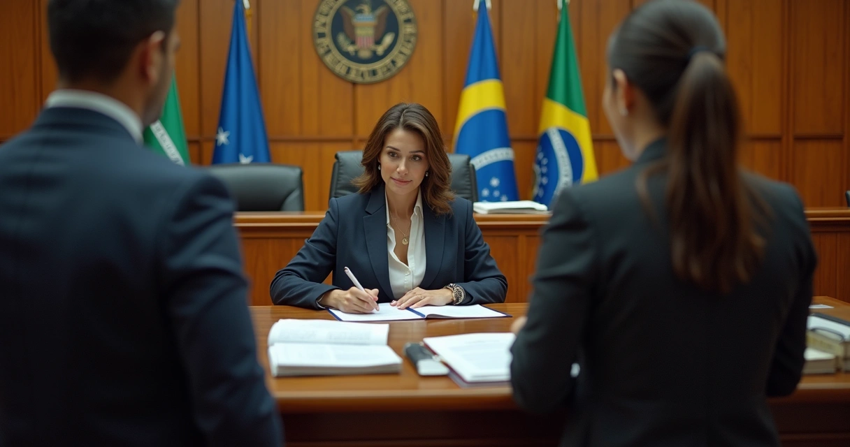 Juíza analisa processo de rescisão indireta com trabalhadores na sala de audiência 