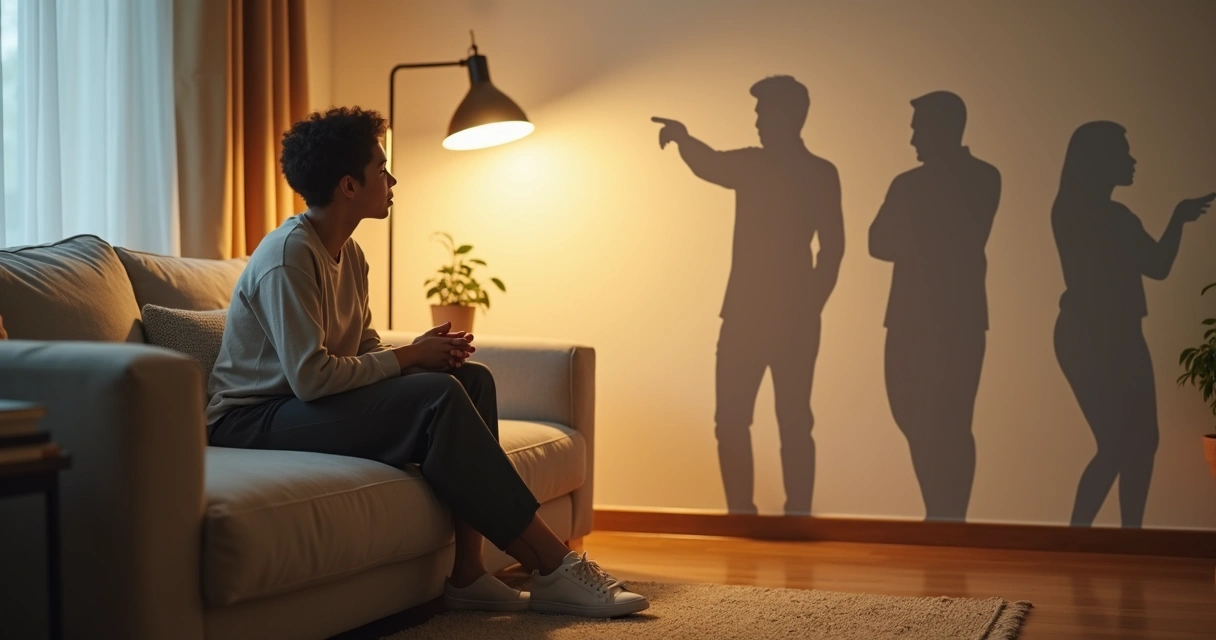 Pessoa em casa olhando suas próprias sombras distorcidas projetadas na parede 