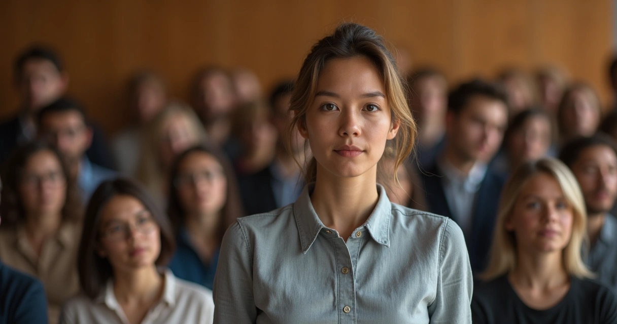 Pessoa em pé diante de uma multidão que observa 