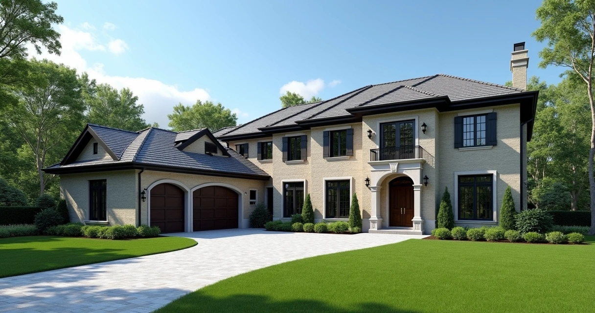 Large luxury house with manicured lawn 