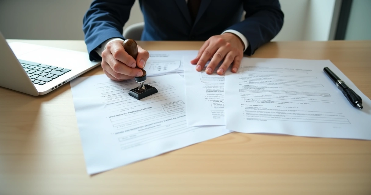 Mãos segurando carimbo e documentos de registro 