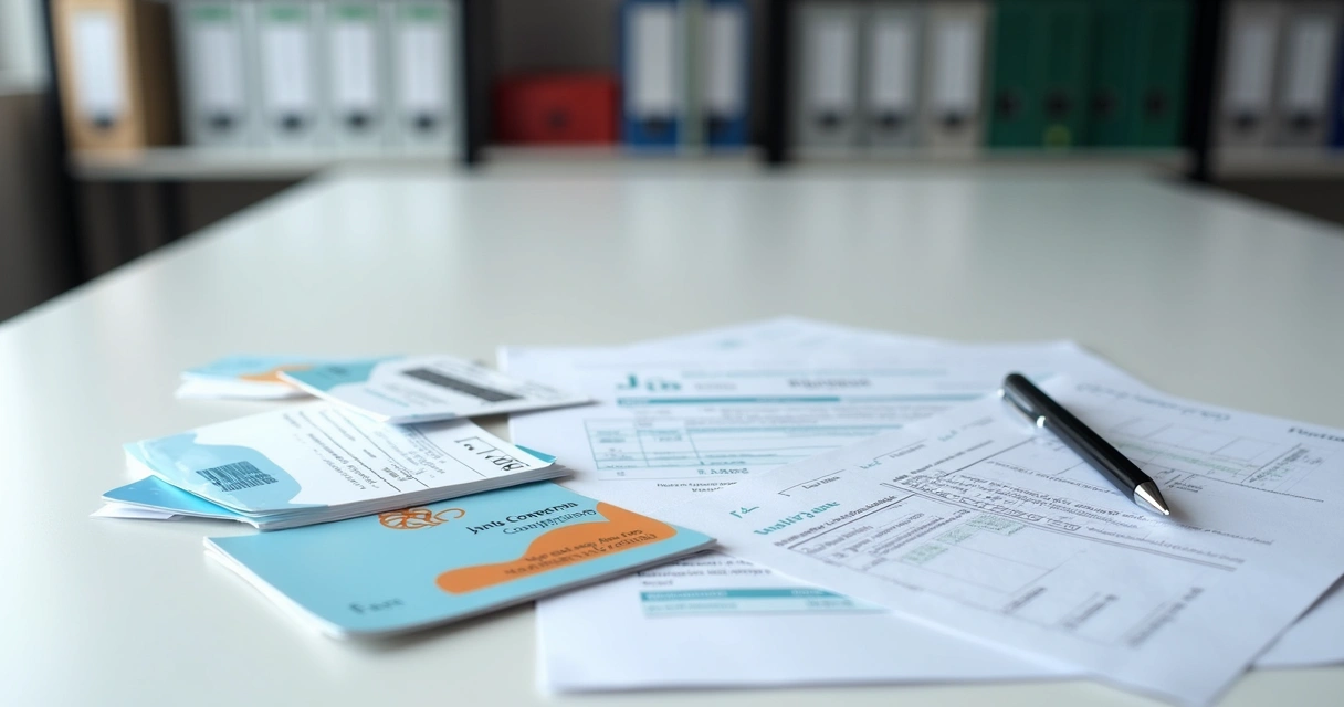 Documentos organizados sobre mesa para registro de empresa na Junta Comercial