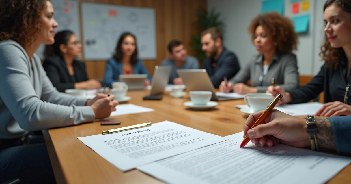 Reunião de empresários jovens revisando papéis e contrato social 