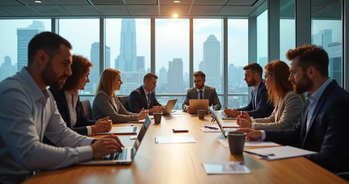 Junta directiva de empresa reunida en mesa de trabajo 