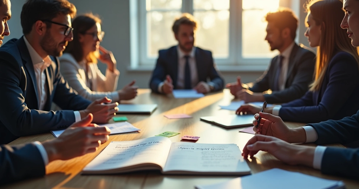 Junta directiva reunida reflexionando sobre dilemas éticos 