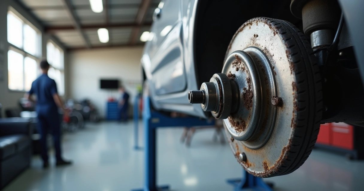 Junta homocinética desgastada próxima ao conjunto da roda de um carro em oficina automotiva 