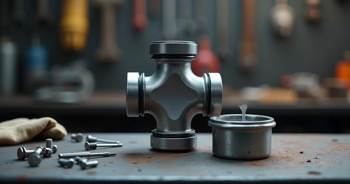 Junta homocinética nova em detalhe, em pé, com graxa de montagem ao lado. 