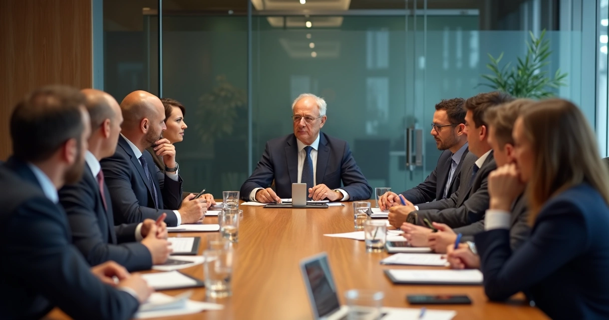Miembros de junta reunidos alrededor de una mesa de decisión
