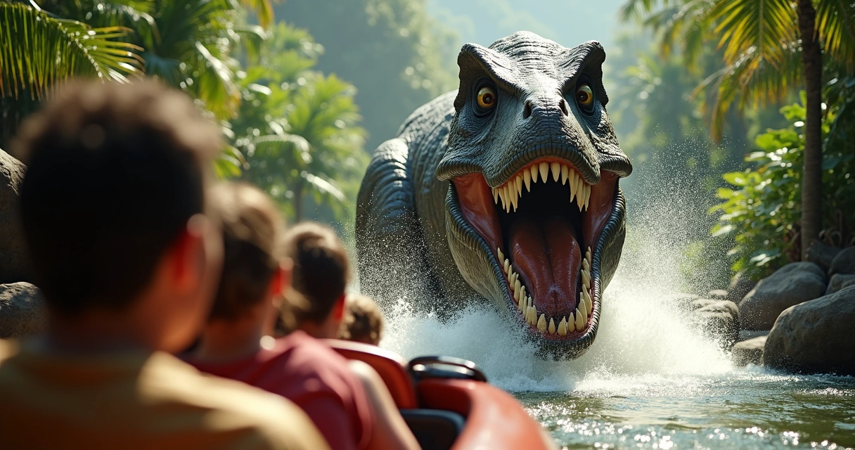 Barco com visitantes diante de dinossauro animatrônico em Jurassic World 