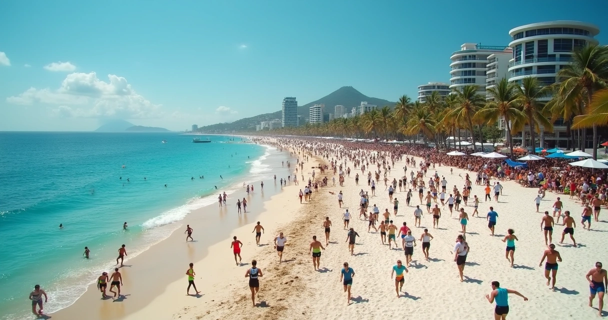 Praticantes de esportes e atletas na praia de Jurerê Internacional durante evento de triatlo 