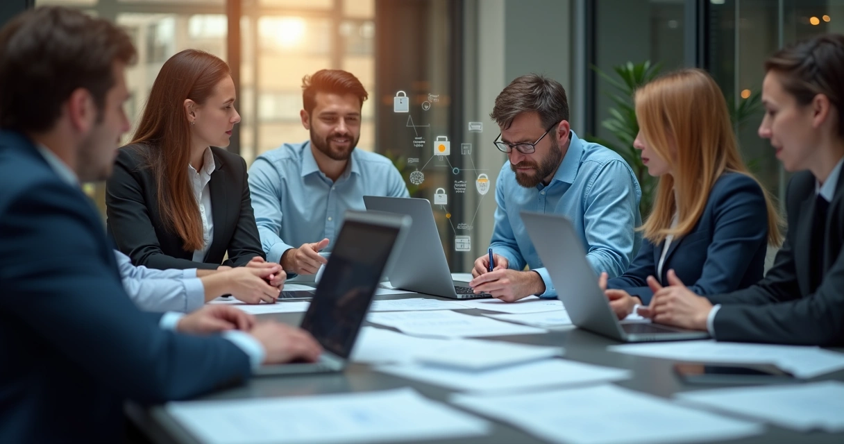 Equipe jurídica trabalhando com plataformas digitais de contratos protegidas