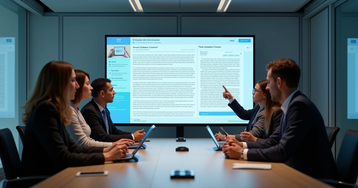 Equipe analisando contrato digital com agente de IA sugerindo pontos críticos 