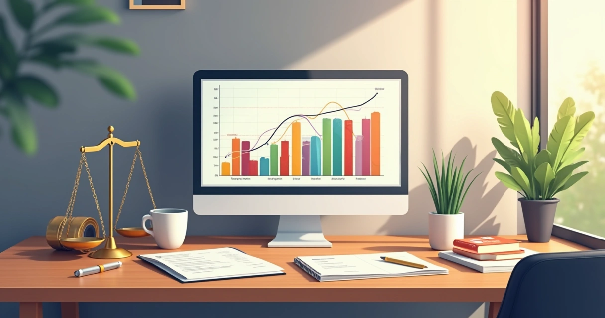 Gráfico digital de jurimetria sendo analisado em tela de computador ao lado de documentos jurídicos. 