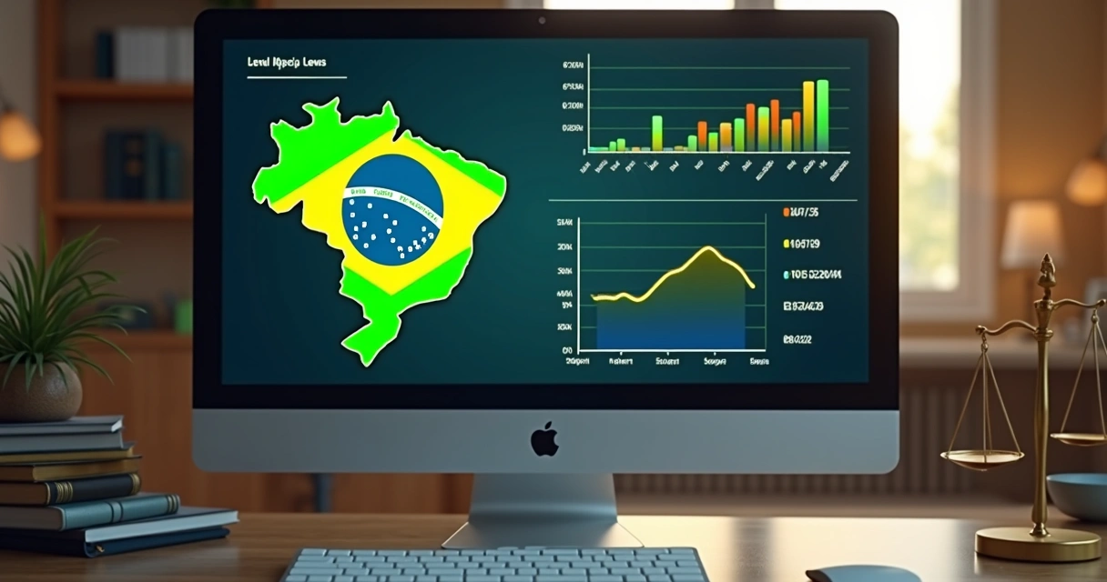 Tela de computador mostrando gráficos de jurimetria e decisões judiciais, mapa do Brasil ao fundo. 
