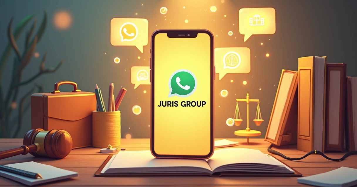 Ilustração digital de smartphone com logo do Juris Group, rodeado de mensagens do WhatsApp sobre conteúdos jurídicos.