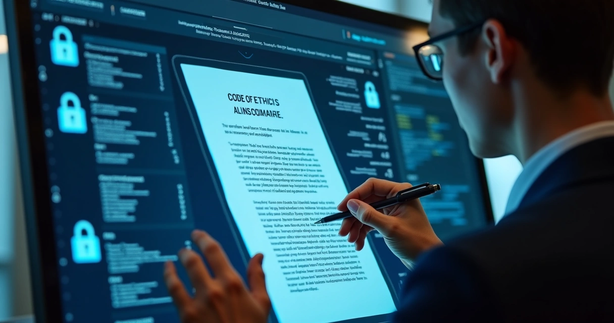 Tela de computador mostrando código de ética, advogado revisando documento gerado por IA, elementos de segurança 