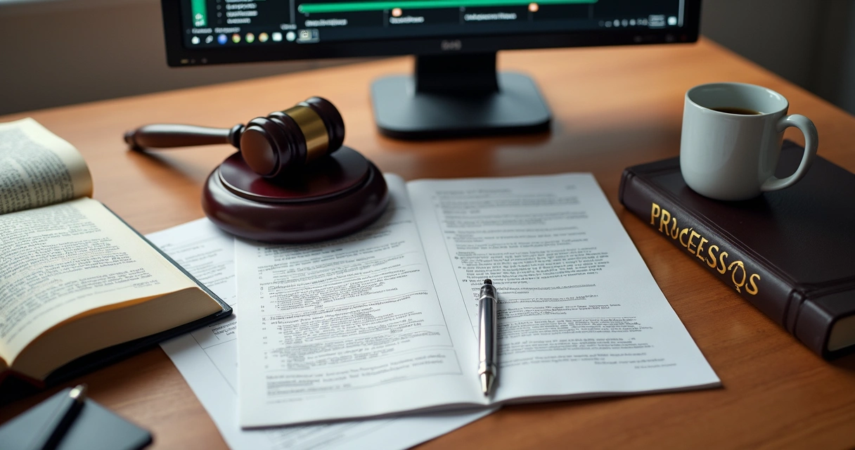 Mesa de escritório com processos, papéis e computador jurídico 