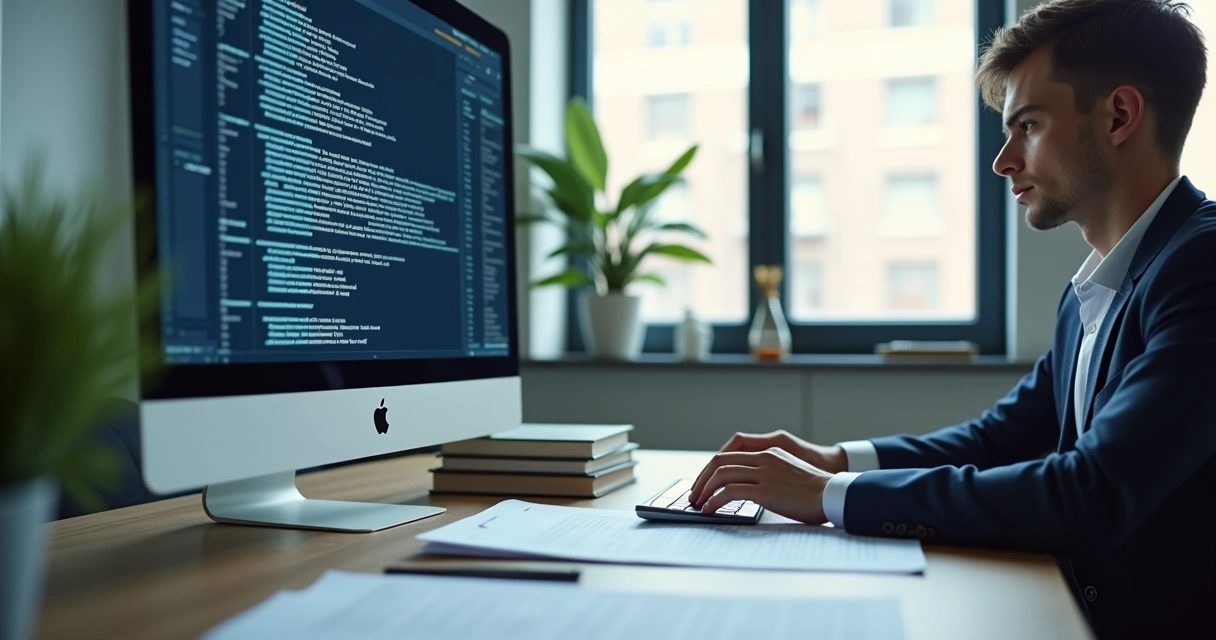 Jurista usando IA no computador ao elaborar petição 