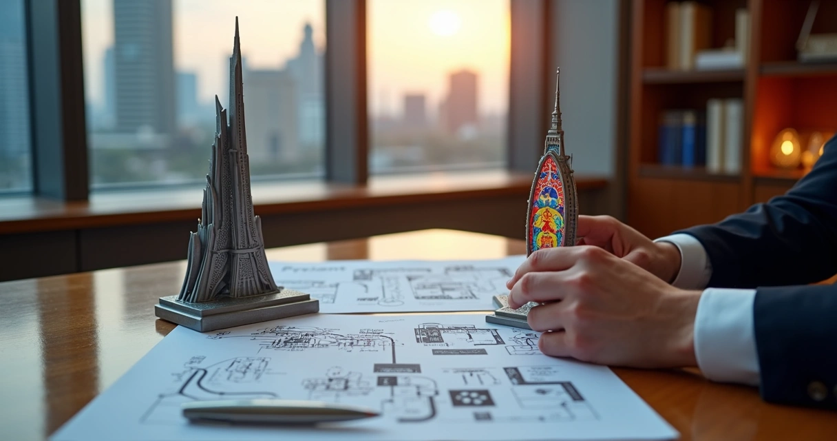 Mesa de advogado com símbolos de parques temáticos em miniatura 