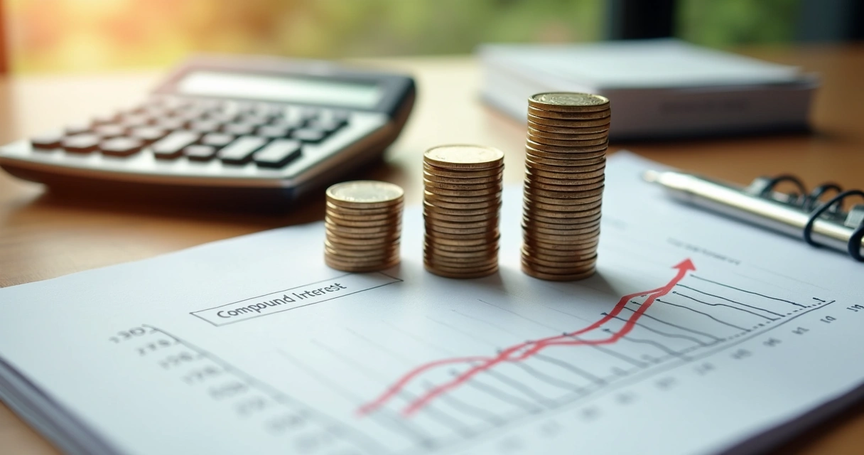 Gráfico de crescimento com moedas e calculadora 