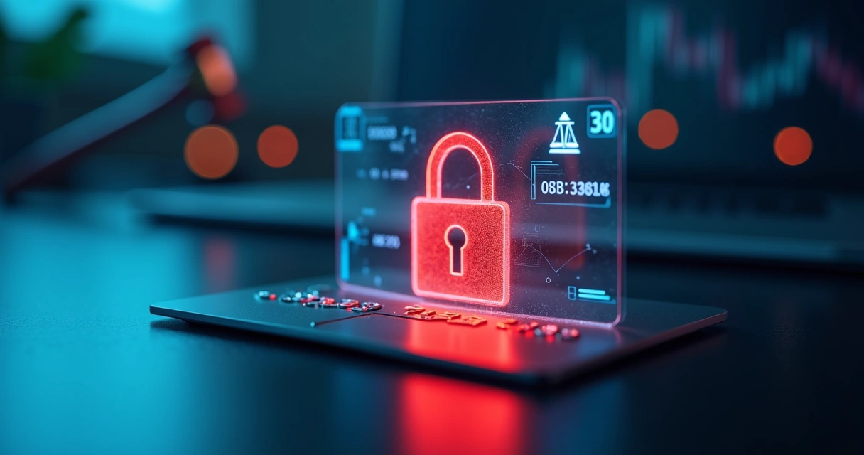 Cadeado digital bloqueando cartão bancário diante de símbolo da Justiça 