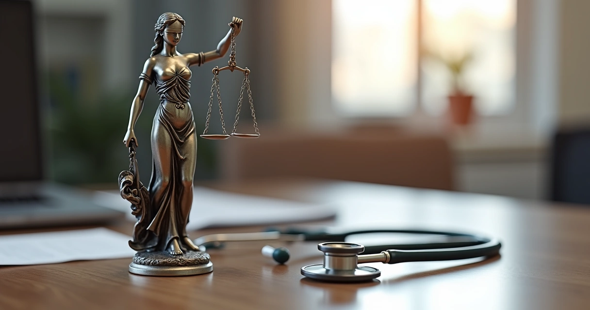Estátua de justiça e estetoscópio sobre mesa 