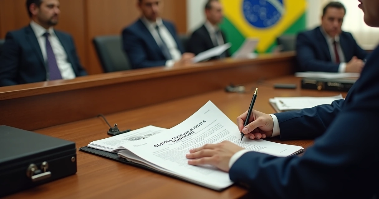 Sala de tribunal com juiz analisando documento de expulsão escolar