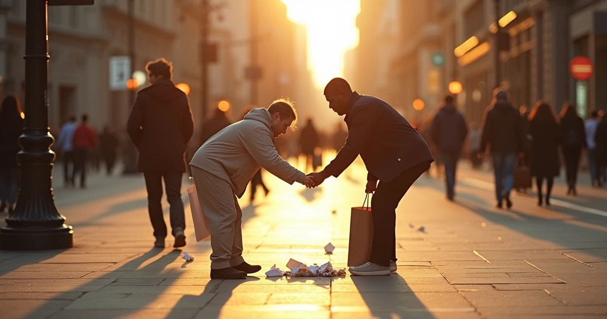 Pessoa refletindo em uma calçada ajudando outra a recolher objetos caídos 
