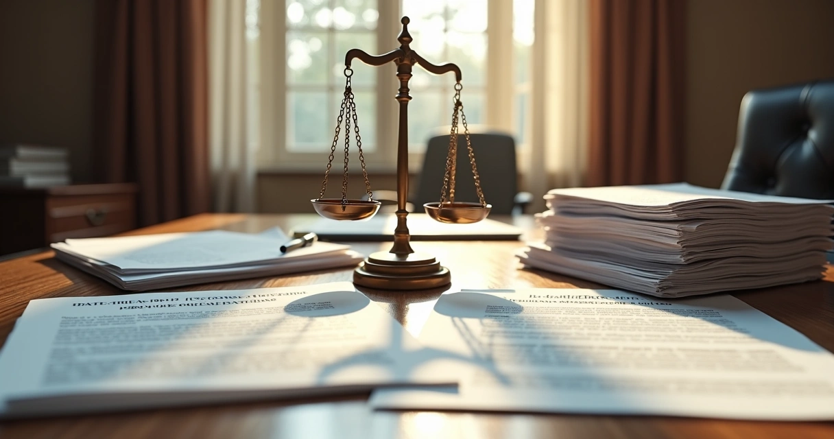 Mesa de escritório jurídico com papéis judiciais de plano de saúde e balança da justiça 