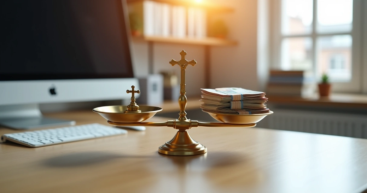 Balança de justiça equilibrando crucifixo e dinheiro em escritório 