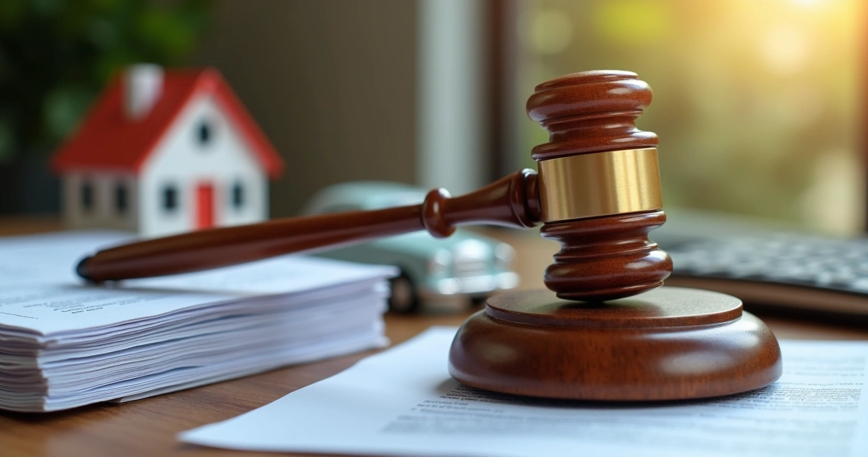 Ilustração de martelo de juiz entre pilhas de documentos jurídicos e bens como casa e carro 