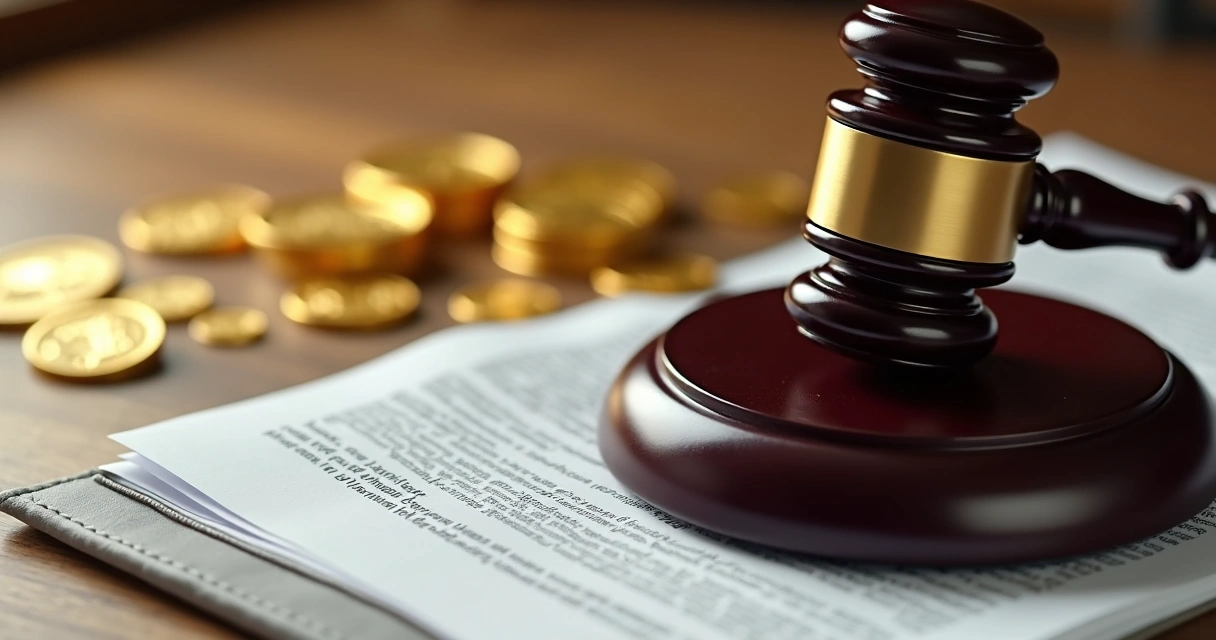 Martelo de juiz, pilha de documentos e cifrões dourados 